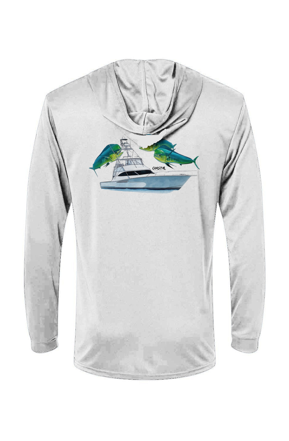Light gray hoodie with a graphic of a ship and birds on a white background
