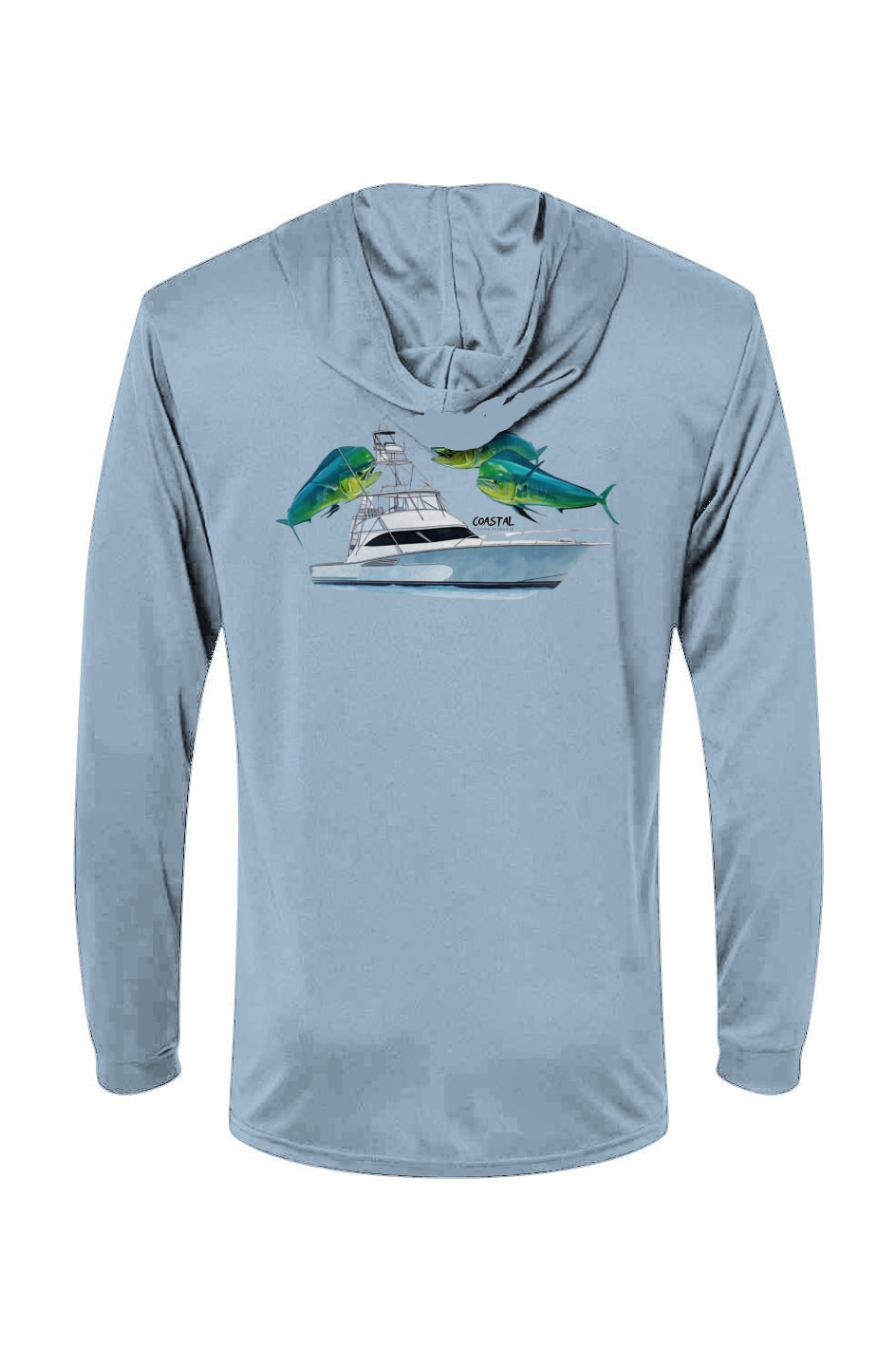 Light blue long-sleeve hoodie with a graphic of a ship and birds on a white background